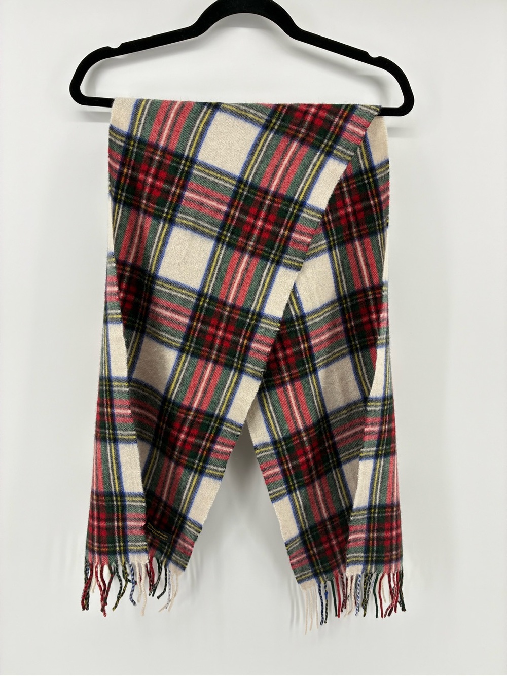 Classic 100% Cashmere Plaid Fringe Scarf in White and Red
